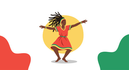 Vibrant dancer wearing a red dress with green trim performs a joyful wide angled dance in front of a warm yellow circle as abstract shapes frame the scene.