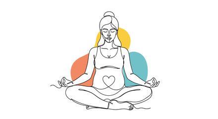 Serene meditation scene featuring a pregnant woman sitting cross legged with hands resting on knees and a heart shaped belly against colorful abstract shapes.