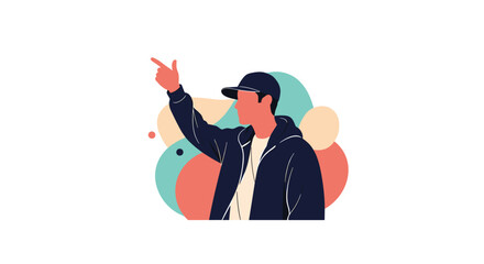 Man wearing a cap and dark jacket points upward as abstract colorful shapes form a dynamic backdrop in a clean modern illustration.