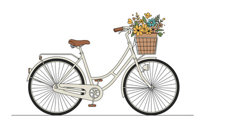 Colorful vintage bicycle with a woven basket full of bright flowers and a comfortable brown saddle on a clean white background.
