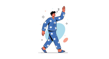 Fototapeta premium Person in a blue star patterned outfit walks proudly with a raised hand through a playful modern illustration featuring bold shapes and a bright cheerful vibe.