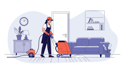 In a modern living room a professional cleaner operates a carpet cleaning machine beside a blue sofa and tidy shelves in a calm bright setting.