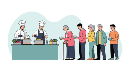 Two chefs cook a variety of dishes on a busy kitchen station while a diverse line of customers waits patiently to receive hot meals and nourishment.