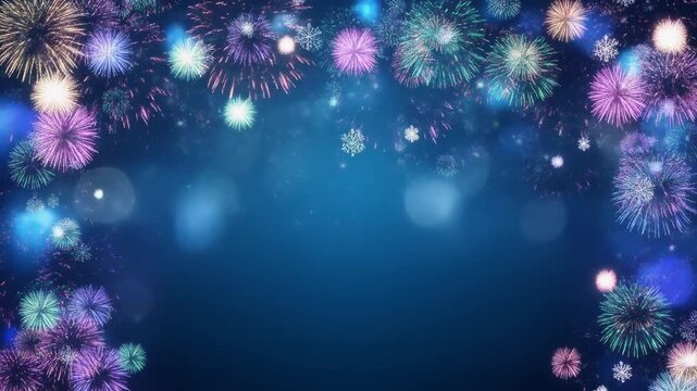 Looped abstract blue Christmas background with snowflakes and fireworks 