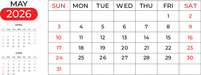 Clean May 2026 Calendar Design Featuring Next & Previous Months