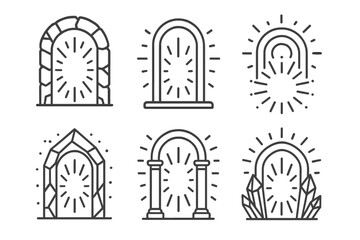 Radiant Sacred Portals. Icons for: mineral narthex radiances, sacred entry lights, glowing vestibule circles, illuminated ore