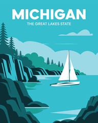 Michigan travel illustration showcasing a scenic Great Lakes coastline with cliffs, pine trees, a sailboat, blue waters, and vibrant retro-style outdoor artwork