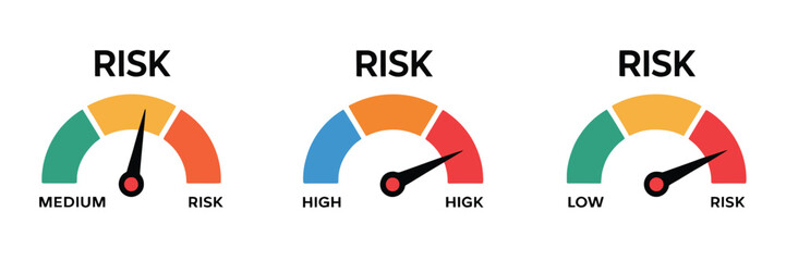 Risk meter gauge illustration set showing low, medium, and high risk levels with colorful dials, indicators, semicircle charts, and bold visual assessment graphics