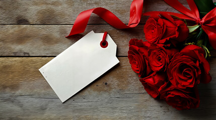 A white tag with a red string attached to a bouquet of red roses