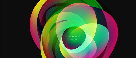 Obraz premium Abstract colorful layers create dynamic circular design. Vibrant gradients blend, forming modern background element. Smooth shapes suggest movement, energy.