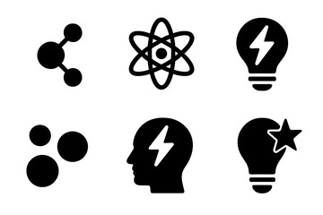 Charged Particle Icons. Solid style icons of particle-charged motifs: ionic hint, atomic suggestion, electrified clue, particle