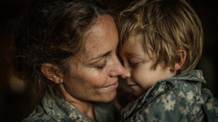 Military mom reunites with her son at home in a warm embrace after deployment, capturing a special moment filled with love and joy