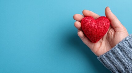 Hand holding a red heart symbol on a blue background expressing kindness and charity in a simple and direct manner