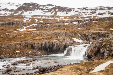 snow coverd landscape in iceland in june