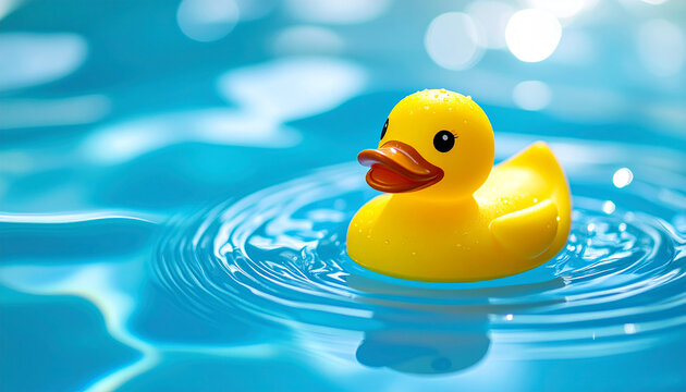 Yellow rubber duck floating in bright blue water, playful and cheerful mood, clean and vibrant toy