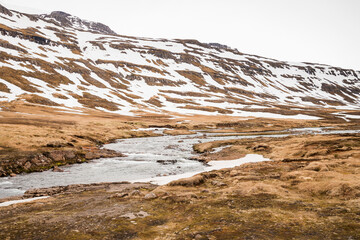 snow coverd landscape in iceland in june