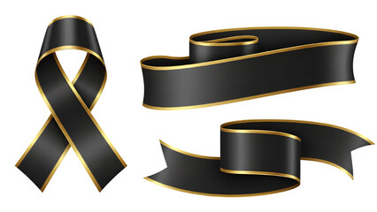 Black ribbons isolated on transparent background with gold trim