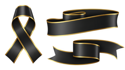 Black ribbons isolated on transparent background with gold trim