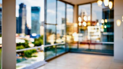 Bright and spacious office space in an unfocused view. Modern blurred background photo for banner, poster, magazine, layout or website design