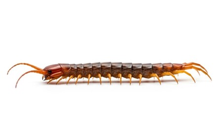 A close-up studio shot of a brown centipede isolated on a clean white background showcasing its