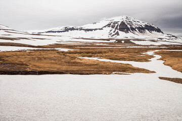 snow coverd landscape in iceland in june