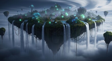Enchanting Floating Islands With Bioluminescent Flora And Cascading Waterfalls In A Dreamy Sky