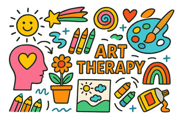 Fototapeta premium Art therapy flat icon set. featuring head, heart, flower, paints, rainbow, pencils, and more.