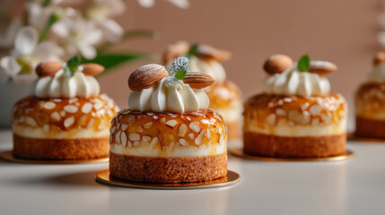 Apricot Almond Mini Cakes With Cream Topping And Mint Garnish In Soft Lighting
