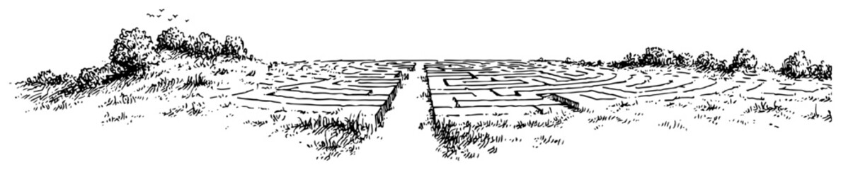 Fototapeta premium Hand drawn panoramic landscape with a path leading to a maze