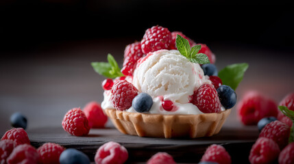 Creamy Vanilla Ice Cream Tart Adorned With Fresh Berries And Mint Leaves On A Dark Wooden Surface