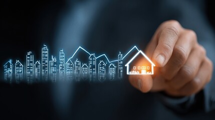 Businessman analyses real estate investment for profit by using virtual tools to buy and sell properties online