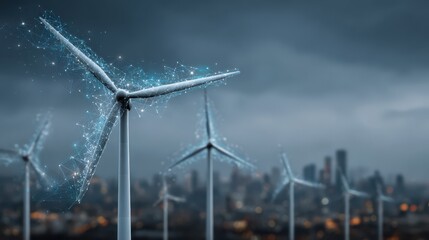 Digital graphic showing windmills on a mountain using green energy to produce power through air currents with energy diagrams illustrating renewable resources