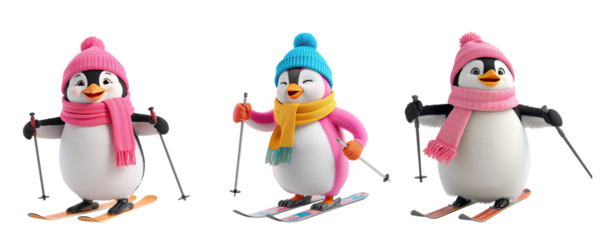 A cheerful playful cartoon penguin in a hat on skis a funny pose