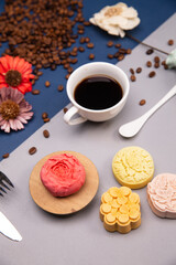 Mid-Autumn Festival Mooncakes and Coffee Creative Flat Lay Composition