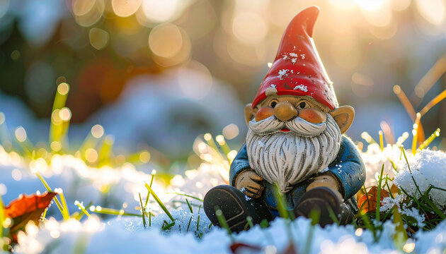 Funny ceramic garden gnome sitting on snowy grass, winter outdoor lawn scene, winter season