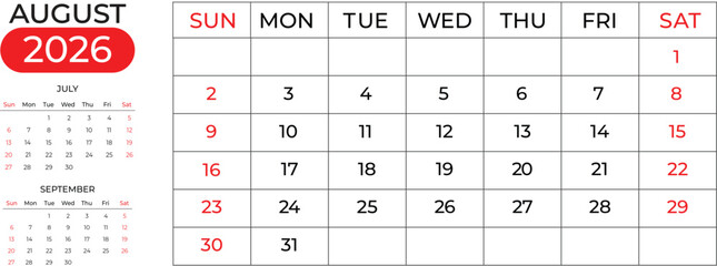 Clean August 2026 Calendar Design Featuring Next & Previous Months