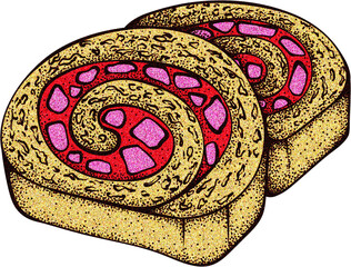 Two Swiss Rolls Slices Isolated Illustration with Grainy Texture, Pastry Sweet Bakery Drawing
