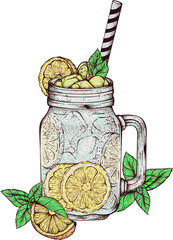 Lemonade Drink in Mason Jar Glass Festive Birthday Isolated Illustration with Grainy Texture