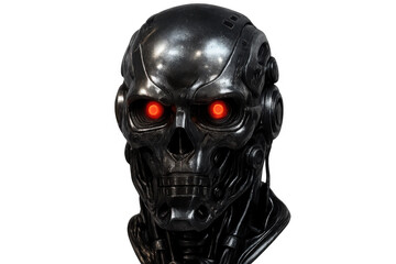 Cybernetic robot skull head with glowing red eyes, metallic endoskeleton design, artificial intelligence and future technology concept on transparent background