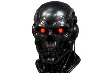 Cybernetic robot skull head with glowing red eyes, metallic endoskeleton design, artificial intelligence and future technology concept on transparent background