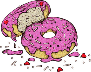 Pink Frosted Donuts Glittery Isolated Illustration with Grainy Texture, Pastry Sweet Bakery Drawing