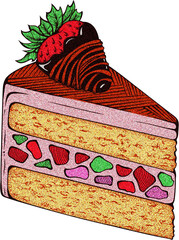 Strawberry Cake Slice with Jelly Filling Isolated Illustration with Grainy Texture, Pastry Sweet Bakery Drawing