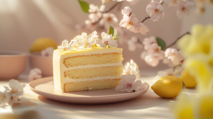 Pastel Minimalist Spring Lemon Blossom Cake Slice on Pink Plate with Delicate Frosting