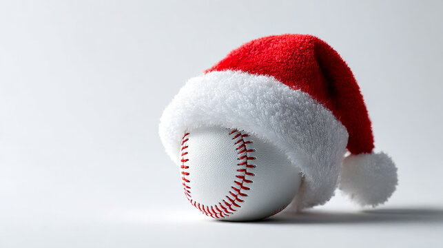 Baseball wearing a red Santa hat for fun. A baseball sits on a plain surface wearing a red Santa hat during the holiday season to add humor.