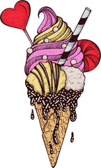 Colorful Ice Cream Cone with Candy Festive Birthday Isolated Illustration with Grainy Texture, Pastry Sweet Bakery Drawing