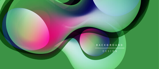 Abstract fluid shapes overlap, creating vibrant color gradients. Green background complements pink, blue, black elements. Modern design.