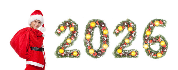 Child Boy Dressed as Santa Claus Holding Sack Beside Christmas New Year 2026 Evergreen Branch Number Decoration on white background