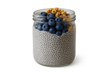 Jar of chia seed pudding with blueberries, transparent background image
