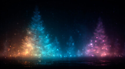 Obraz premium Trees lit up with colors at night. Three trees light up the night with colorful lights and a soft glow in the background.
