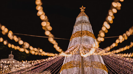 City night with lit tree. A large Christmas tree covered in lights stands tall in a city. Colorful lights hang above, adding to the festive mood.